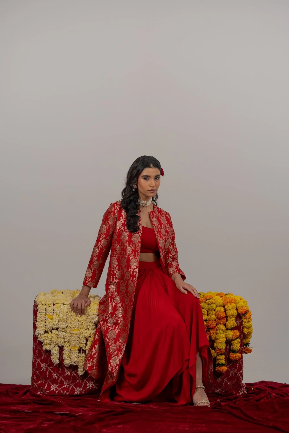 Aahana Maroon Crop Top & Drape Skirt with Long Benarasi Jacket