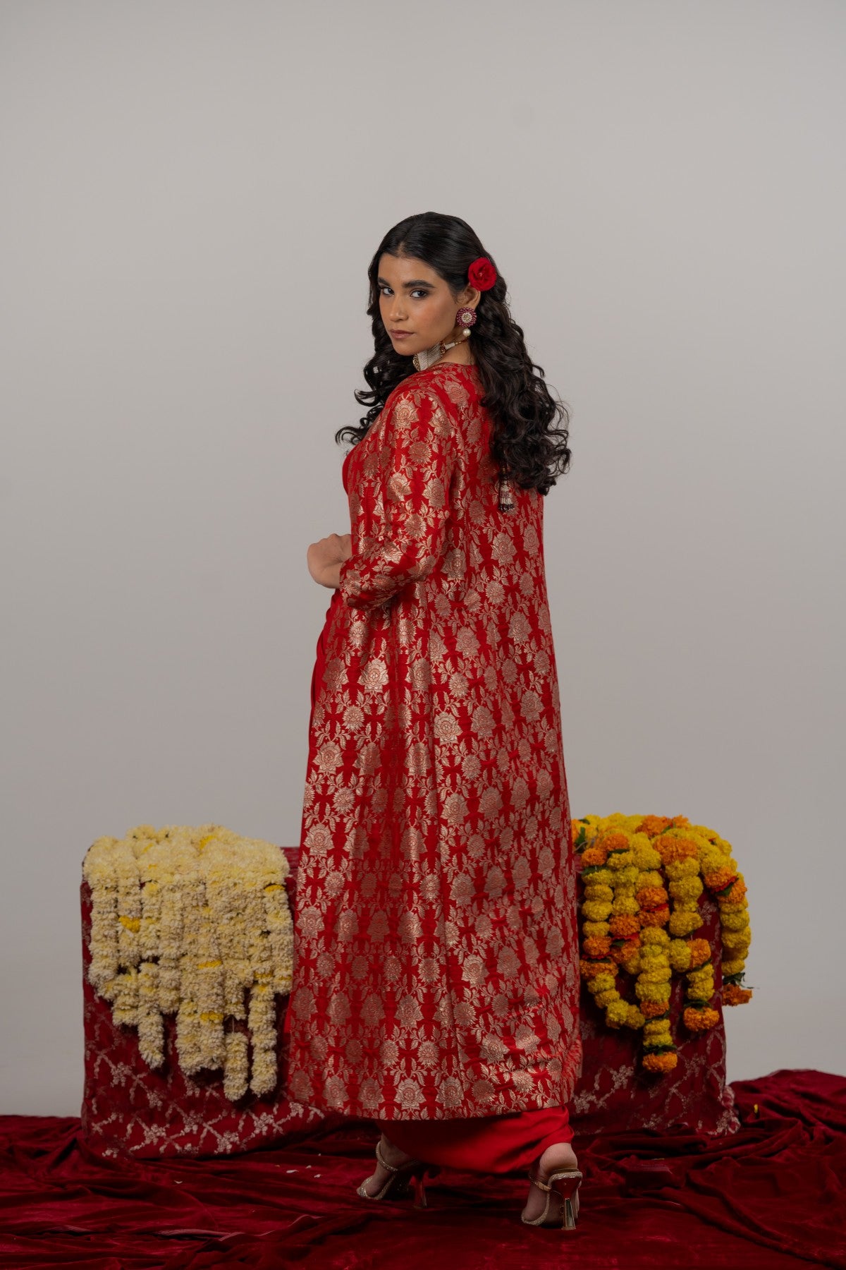 Aahana Maroon Crop Top & Drape Skirt with Long Benarasi Jacket