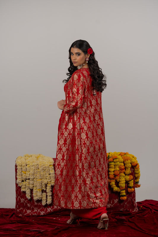 Aahana Maroon Crop Top & Drape Skirt with Long Benarasi Jacket