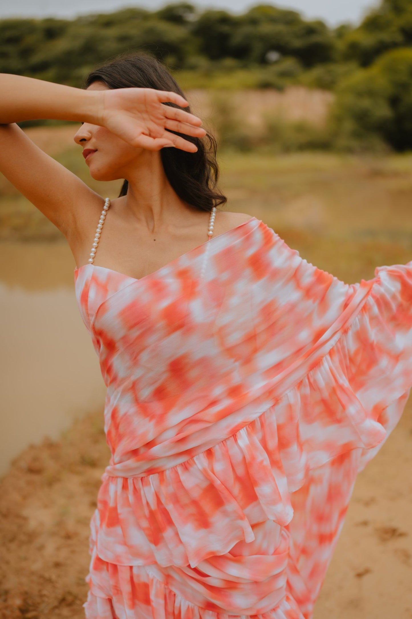 Nubra Peach Printed Ruffle Saree Set
