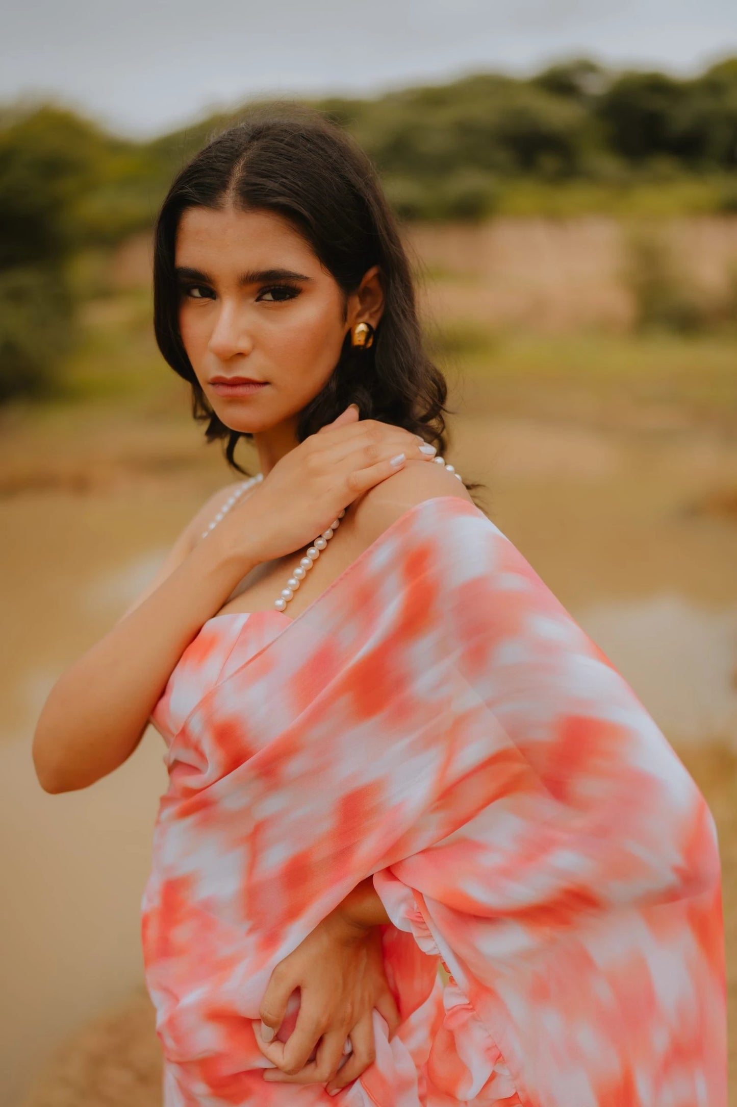 Nubra Peach Printed Ruffle Saree Set