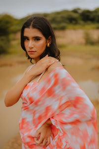 Nubra Peach Printed Ruffle Saree Set