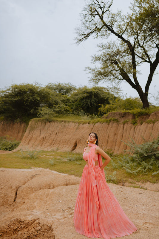 Keya Peach Printed Lehenga Set with Cape
