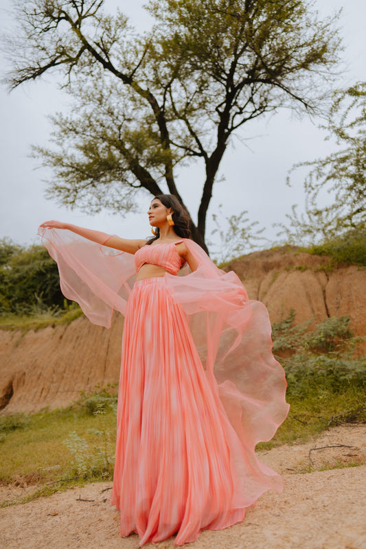 Keya Peach Printed Lehenga Set with Cape