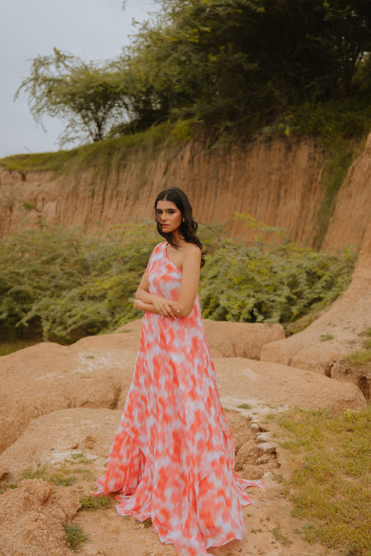 Petra Peach Lehenga Set with Off Shoulder Cape