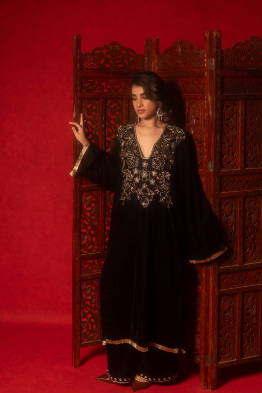 Black Silk Velvet Hand Embroidered Kurta Set
