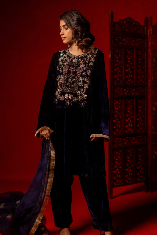 Navy Blue Silk Velvet Hand Embroidered Kurta Set.