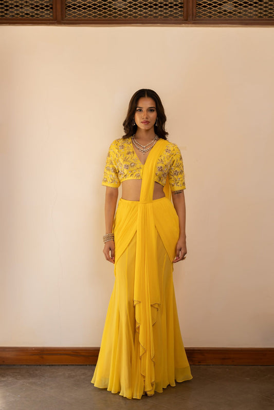 Falguni Spring Yellow Pre-Draped Embroidered Saree Set