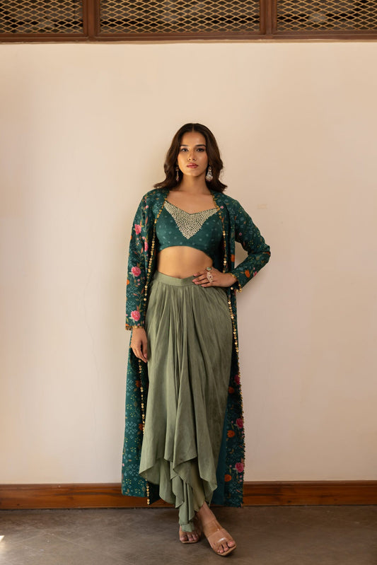 Mira Sage Green Drape Skirt With Printed Jacket