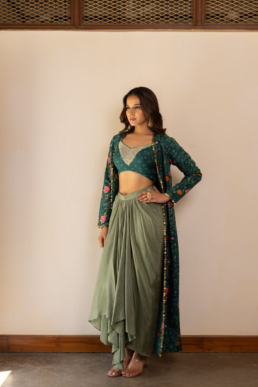 Mira Sage Green Drape Skirt With Printed Jacket