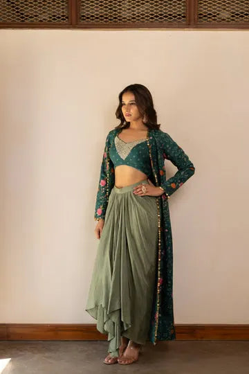 Mira Sage Green Drape Skirt With Printed Jacket