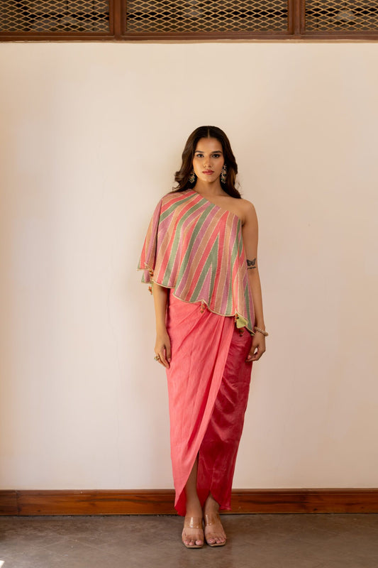 Fiza Coral Pink Tulip Drape Skirt with One Shoulder Top
