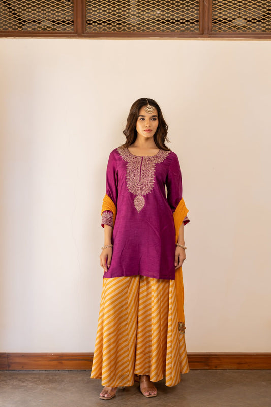 Aria Purple & Yellow embroidered kurta with printed gharara Set