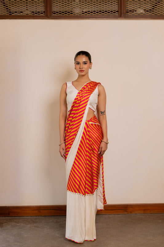 Akshara Orange & Red Printed Pre-Draped Saree Set