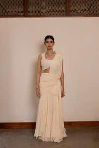 Aishwarya Ivory White Pre-Draped Saree with Pearl Embroidered Blouse