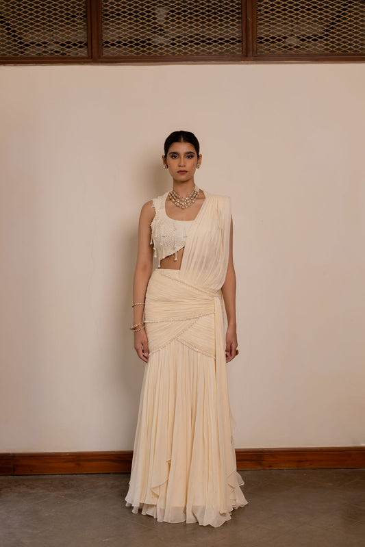 Aishwarya Ivory White Pre-Draped Saree with Pearl Embroidered Blouse