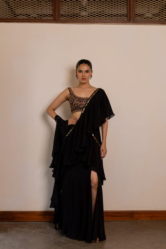 Nisha Black Embroidered Predrape Saree