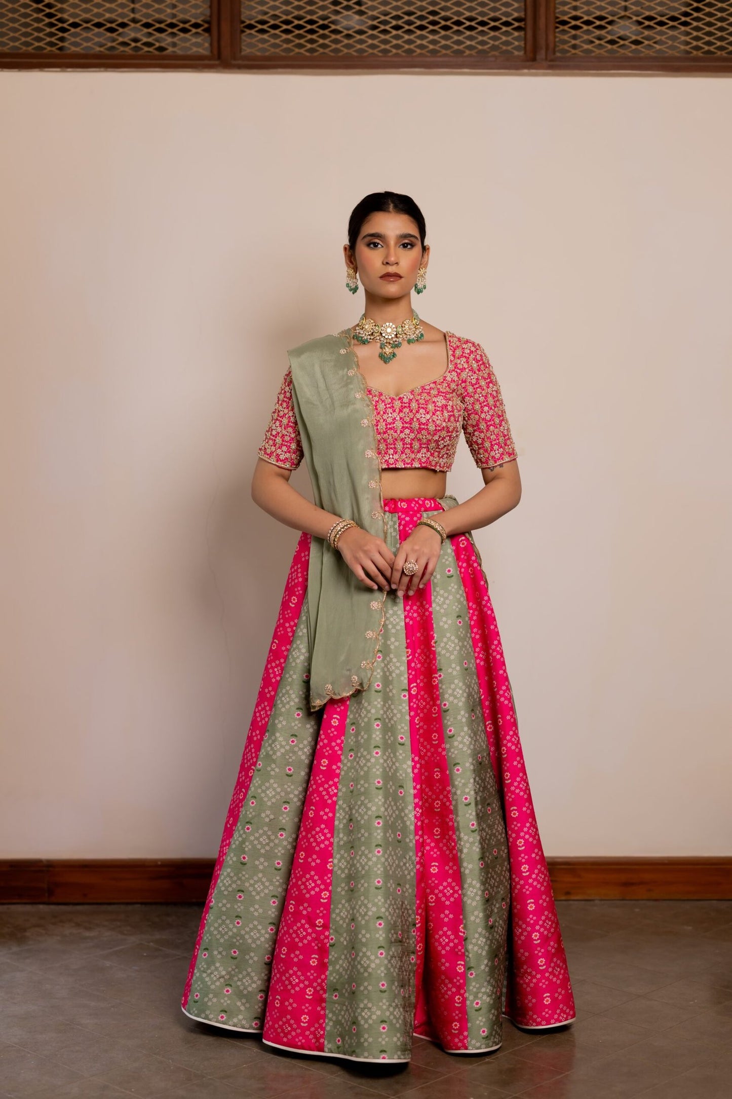 Akshara Sage Green & Magenta Embroidered Lehenga Set