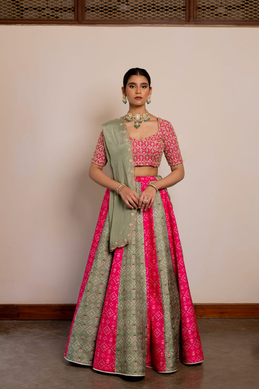 Akshara Sage Green & Magenta Embroidered Lehenga Set