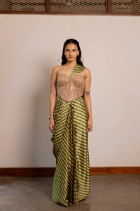 Nayra Green & Gold Pre-Draped Saree Set with Embroidered Corset Blouse