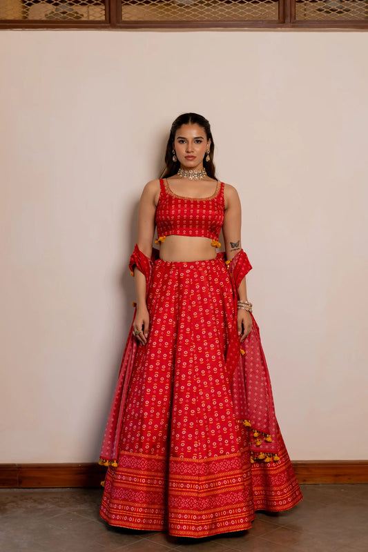 Leela Red Printed Lehenga Set