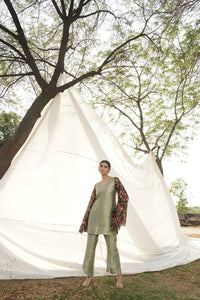 Helen Sage Green Short Kurta Set with Embroidered sleeves