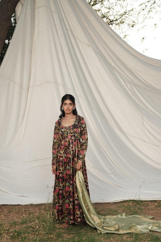 Saira Gold Embroidered Anarkali Dress