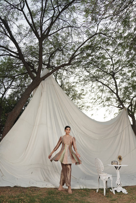 Mumtaz Sage Green & Blush Peach Panelled Kurta Set