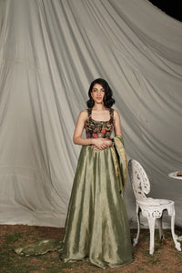 Rani Olive Green Benarasi Tissue Lehenga Set