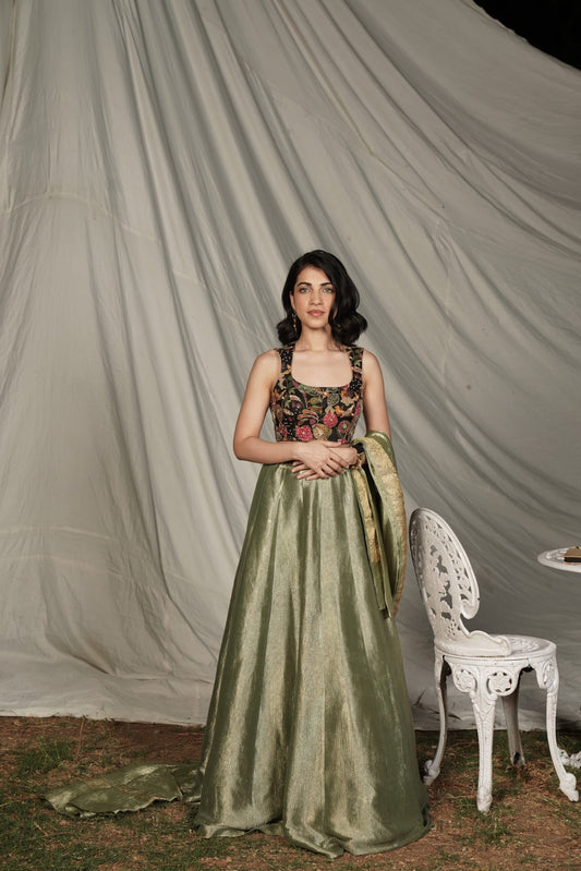 Rani Olive Green Benarasi Tissue Lehenga Set