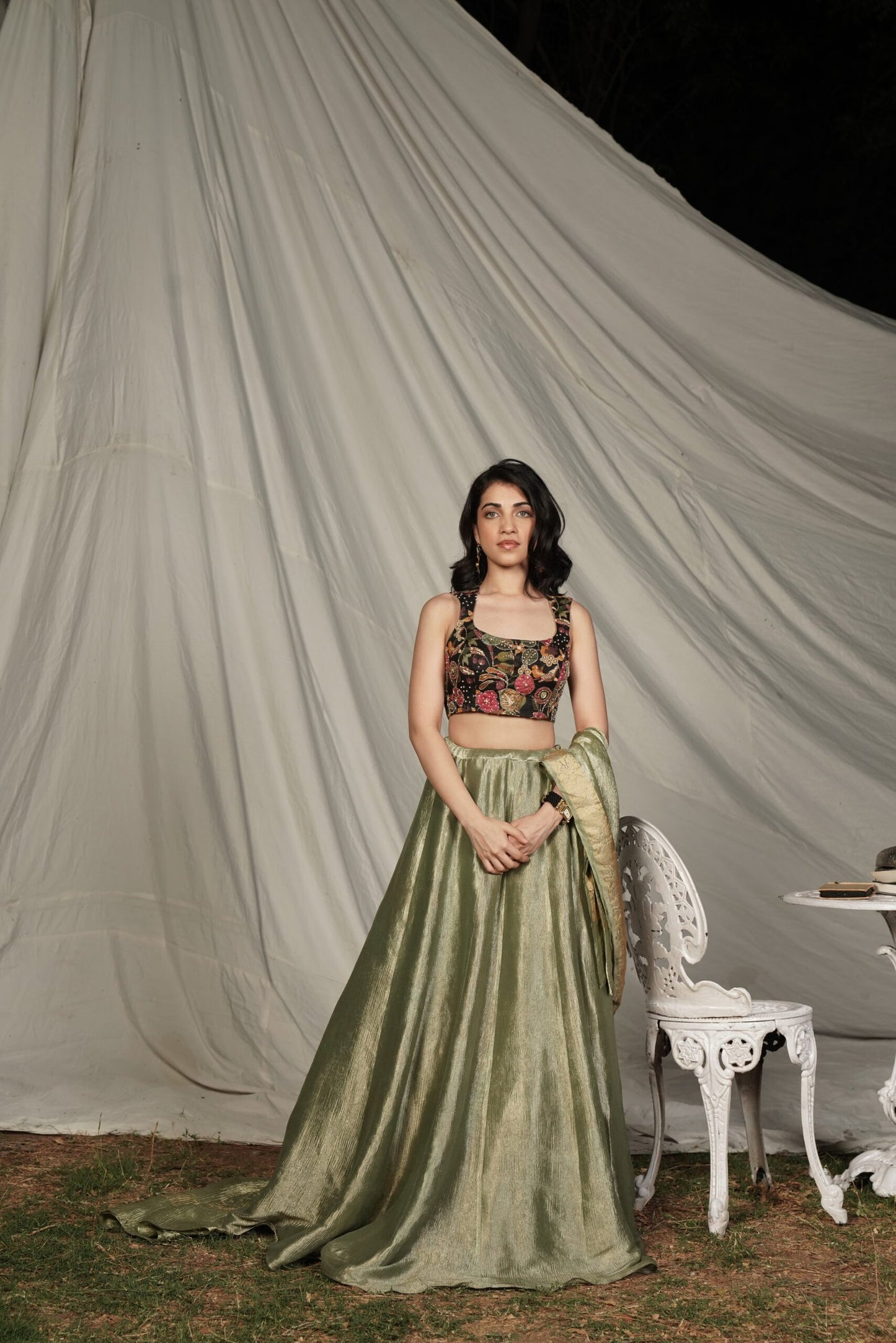 Rani Olive Green Benarasi Tissue Lehenga Set
