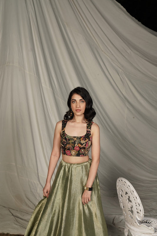 Rani Olive Green Benarasi Tissue Lehenga Set
