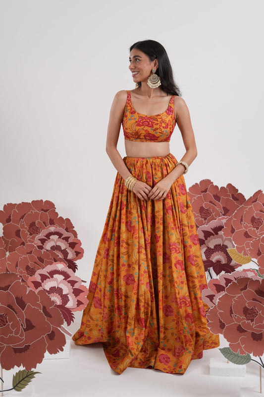 Genda Saffron Printed Lehenga Set
