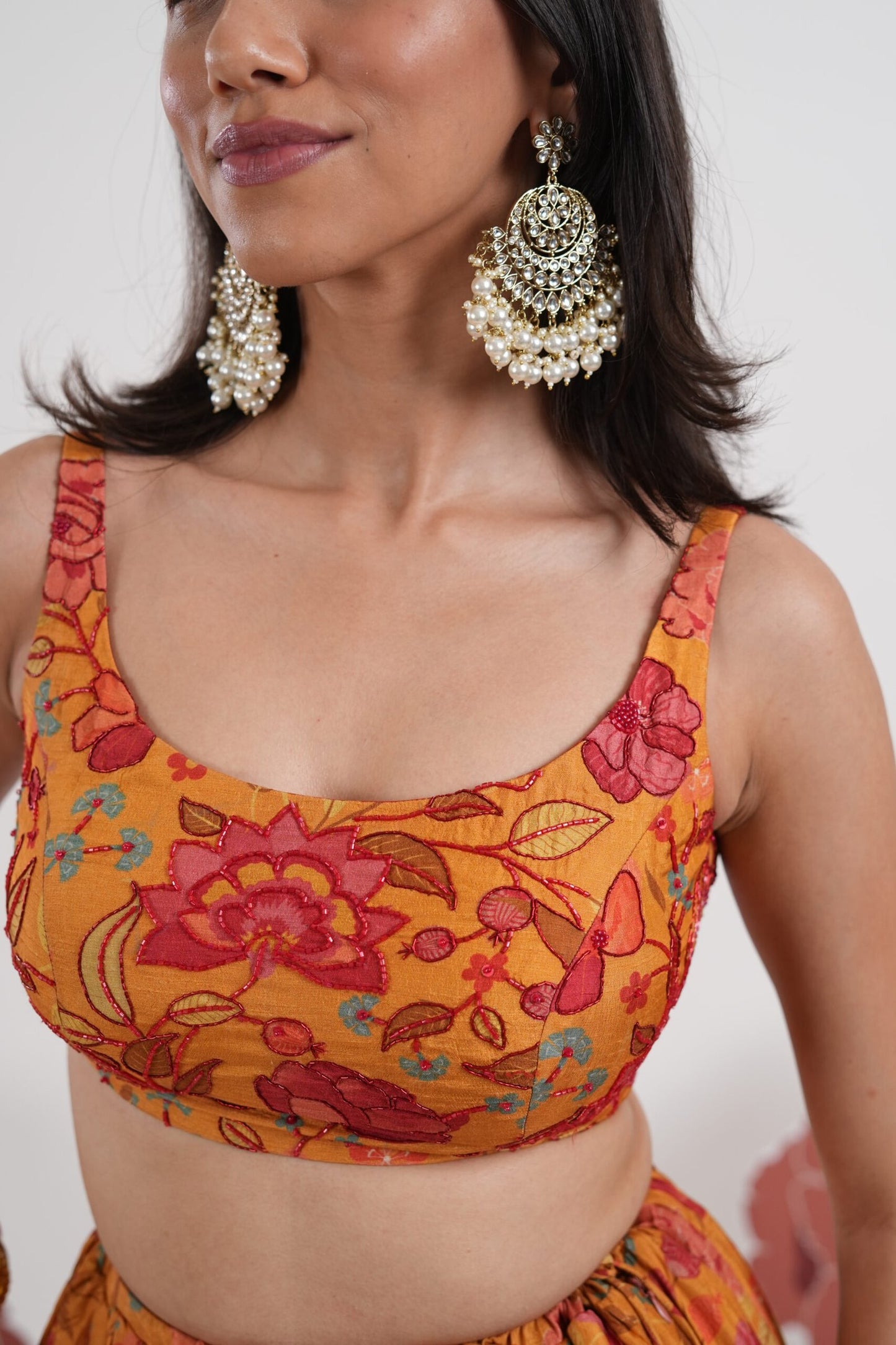 Genda Saffron Printed Lehenga Set