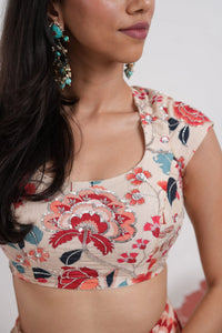 Champa Beige Floral Printed Lehenga Set with Embroidered Blouse