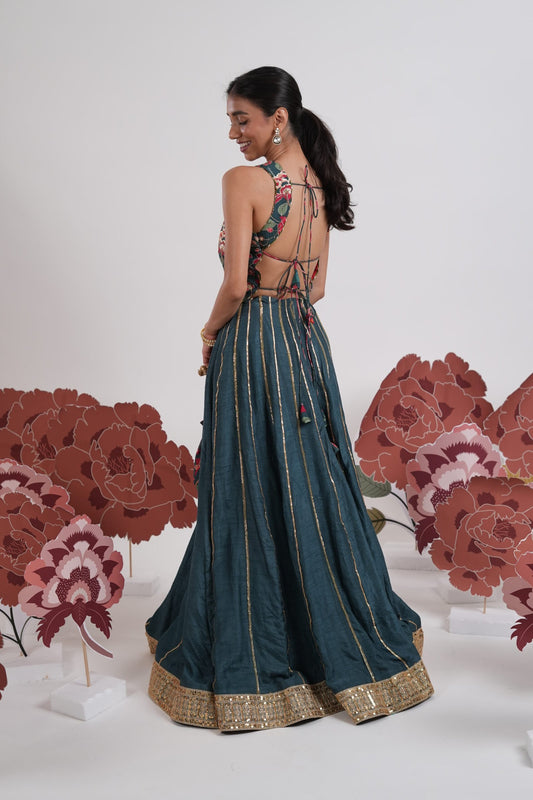 Neelkamal Teal blue Embroidered Lehenga Set