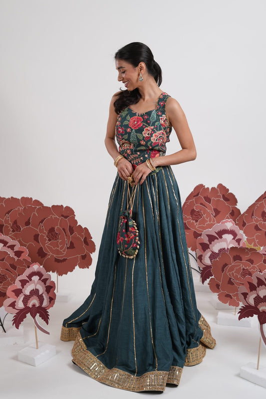 Neelkamal Teal blue Embroidered Lehenga Set
