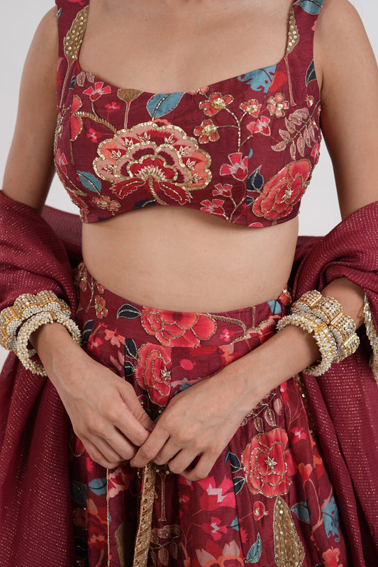 Gulabo Crimson Red Embroidered Lehenga Set