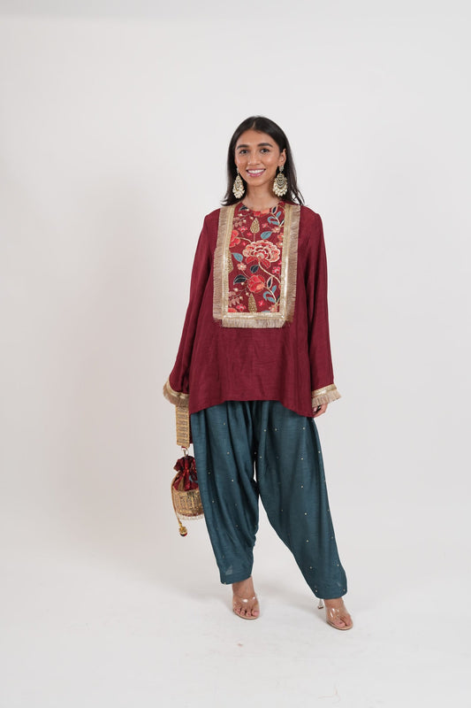 Surkh Maroon Teal Blue Kurta Set