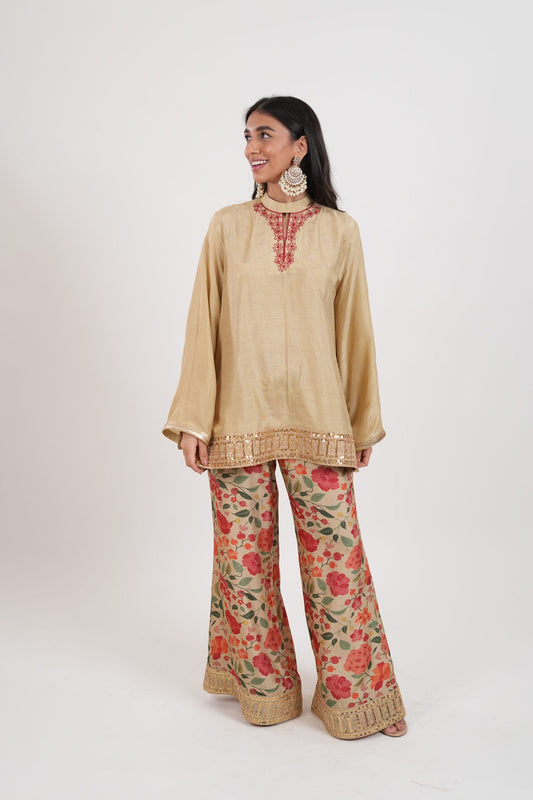 Sheesham Beige Gold Embroidered Kurta Set