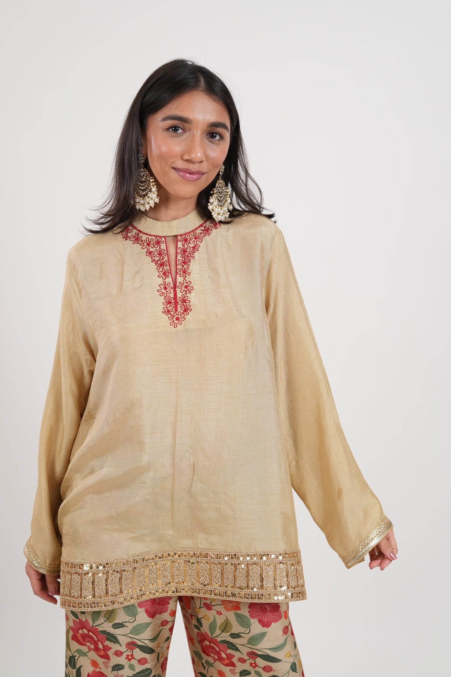 Sheesham Beige Gold Embroidered Kurta Set