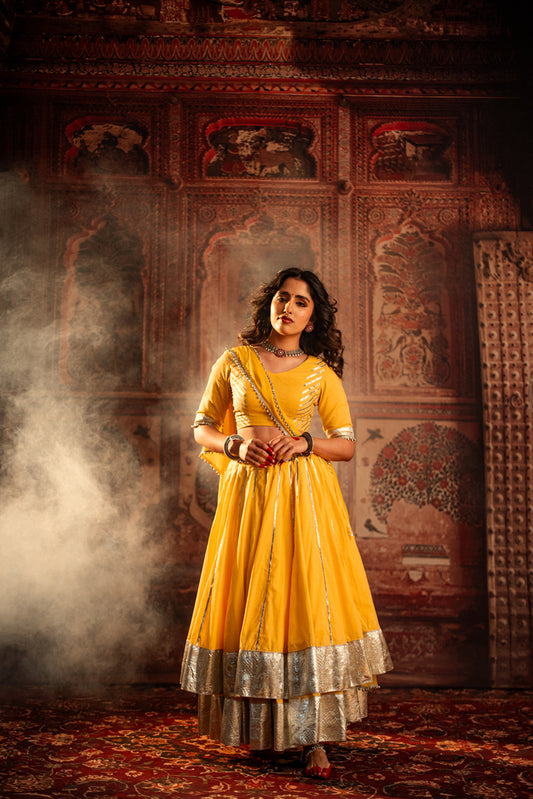 Saraswati Marigold Yellow Double layer Lehenga Set