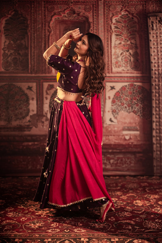 Bhakti Deep Purple & Magenta Embroidered Lehenga Set
