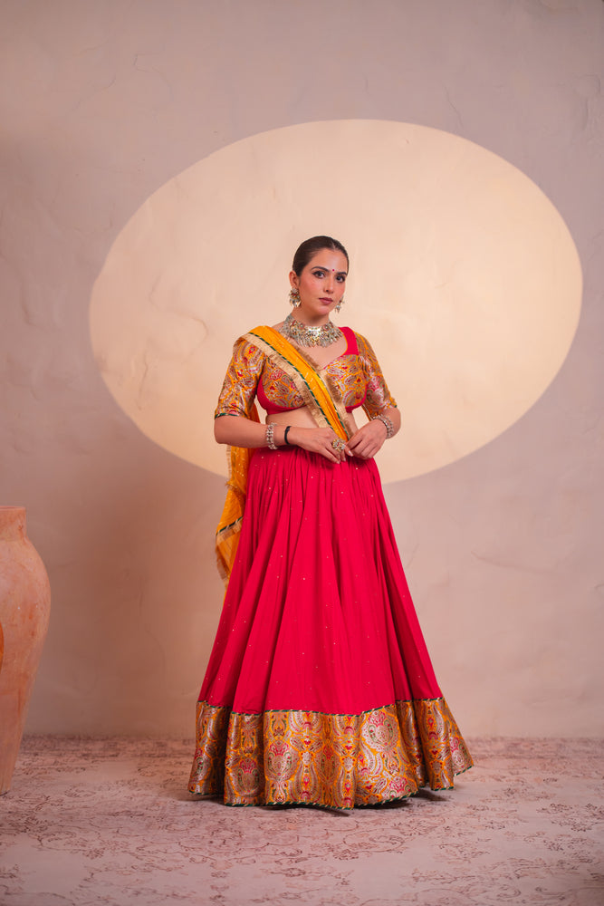 Tarini Carrot Pink Khinkhwab Contrast Lehenga Set
