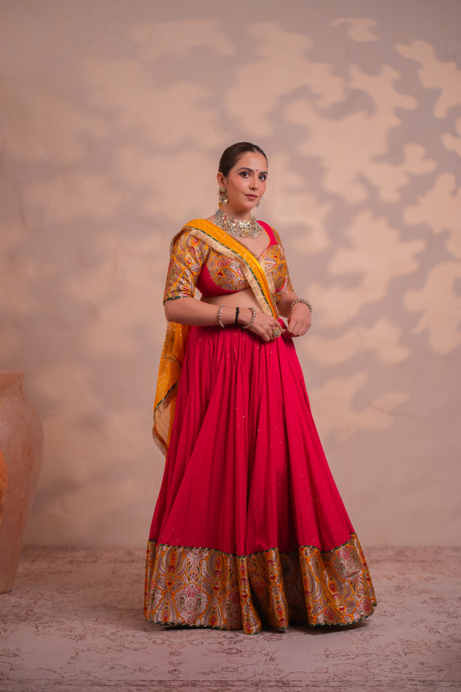 Tarini Carrot Pink Khinkhwab Contrast Lehenga Set