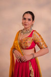 Tarini Carrot Pink Khinkhwab Contrast Lehenga Set