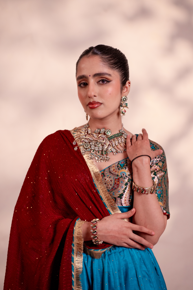 Parvati Teal Blue Khinkhwab Contrast Lehenga Set