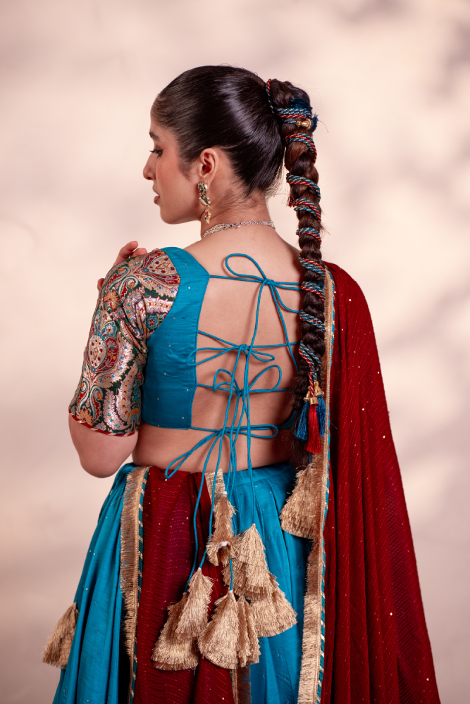 Parvati Teal Blue Khinkhwab Contrast Lehenga Set
