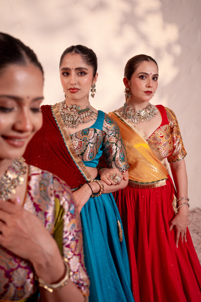 Parvati Teal Blue Khinkhwab Contrast Lehenga Set