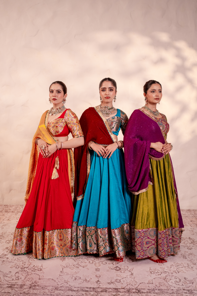 Parvati Teal Blue Khinkhwab Contrast Lehenga Set